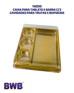 CAIXA PARA TABLETE E BARRA C/3 CAVIDADES PARA TRUFAS E BOMBONS 14300 DOURADO C/10UN - BWB (PÁSCOA)