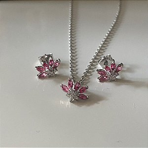 Conjunto Meia Flor Zircônia Baquete rosa Pink