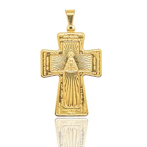 Pingente Crucifixo Nossa Senhora Oração (4,2cmX2,8cm) (Banho Ouro 24k)