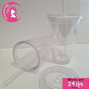Copo Acrílico Parede Dupla 500ml Tampa Reta - Pacote