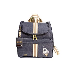 Mochila 2em1 - Linho preto/faixa caqui e marfim