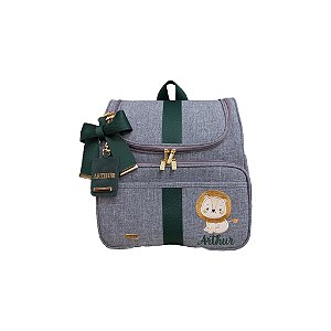 Mochila maternidade 2em1 linho cinza leão safari verde
