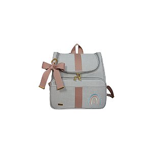 Mochila maternidade 2em1 linho off White cinza claro arco-íris rosê