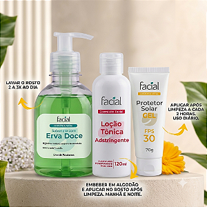 Kit Rotina Facial Purificante & Protetora para pele oleosa - Sabonete Erva doce + Loção tônica adstringente + Protetor solar em gel Fps 30.