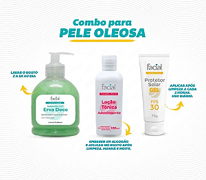 COMBO PARA PELE OLESOSA - Sabonete Erva doce + Loção tônica adstringente + Protetor solar em gel Fps 30.