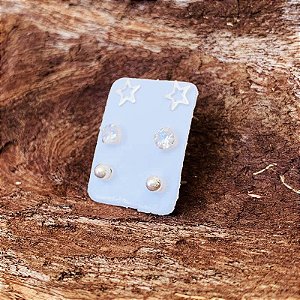 Trio de Brincos Zircônia e Prata Branca