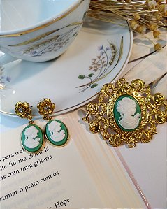 Conjunto Brinco e Broche Arabesco Verde