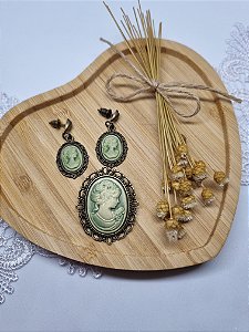 Conjunto Brinco e Broche Verde Antigo