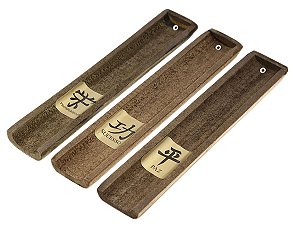 Kit 3 incensários de madeira com pintura em betume exclusiva e ideogramas Paz Prosperidade e sucesso