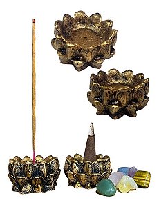 incensario artensal flor de lotus pintura enelhecida kit 2un