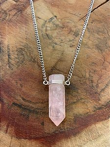 Colar Difusor Quartzo Rosa Ponta Prateado Corrente Elo - Opala