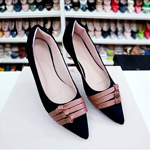 Sapatilha alongada Preta Nobuck Nozinhos Caramelo