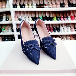 Sapatilha bico fino alongada mocassim jeans Julia