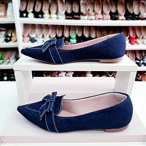 Sapatilha bico fino alongada mocassim jeans Julia