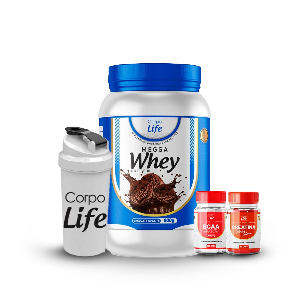 Kit Megga Massa:Megga whey,creatina caps,bcaa caps + coqueteleira de brinde