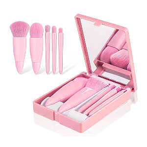 Estojo Kit 5 Pinceis De Maquiagem e Espelho