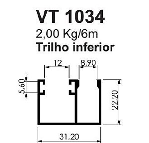 VT-1034 TRILHO DE BAIXO P/ 8 MM VIDRO TEMPERADO 2,00 KG BARRA 6,00 ML
