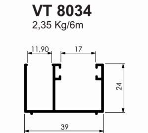 VT-8034- TRILHO BAIXO P/ 10 MM VIDRO TEMPERADO 2,35 KG BARRA 6,00 ML