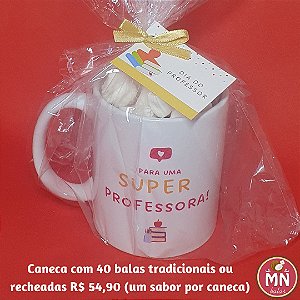 Unidade da caneca Dia dos Professores com 40 balas de coco tradicionais ou recheadas