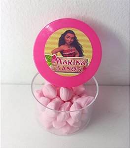 10 caixinhas de acrílico 5 cm Diâmetro (redonda) com 30 mini balas de coco tradicionais sem recheio e tag personalizada