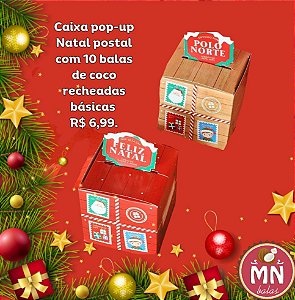 Unidade da caixa de natal postal pop up com 10 balas recheadas básicas 7 cm x 7 cm (escolher sabor)