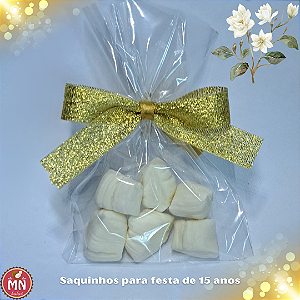 Kit com 25 saquinhos com 6 balas tradicionais e fita dourada brilhante para 15 anos ou casamento