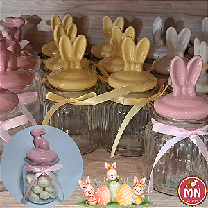 Unidade do pote de vidro luxo 300 ml Páscoa Coelho 15 cm x 7,5 cm com 20 balas tradicionais sem recheio