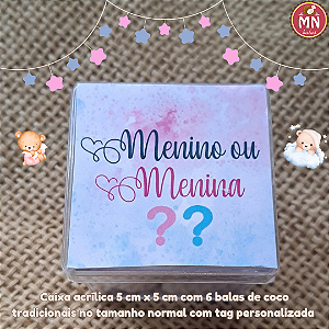10 caixinhas de acrílico com 6 balas tradicionais sem recheio com tag personalizada chá revelação