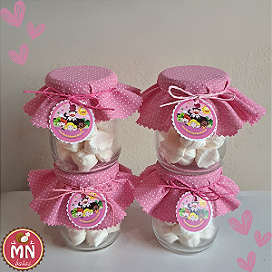 10 vidros de 200 ml com 15 balas de coco recheadas de brigadeiro/chocolate com tecido na tampa, fita e tag personalizada