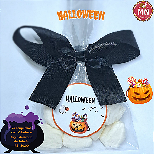 Kit halloween 25 saquinhos com 6 balas tradicionais sem recheio com fita de cetim de amarrar e tag de brinde