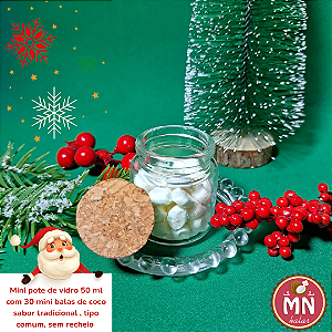 Unidade do micro potinho de vidro 50 ml de natal com 30 mini balas de coco tradicionais sem recheio pronto para decorar
