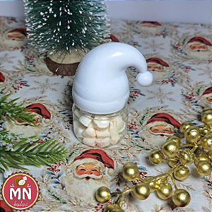 Unidade do mini pote papai noel branco 8 cm x 4 cm com 30 mini balas natal