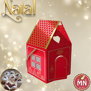 Unidade da caixa casinha natal vermelha 10 cm x 10 cm x 17 cm com 25 balas de coco recheadas de leite ninho com nutella