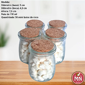 Unidade do potinho de vidro com tampa rolha de 110 ml 50 mini balas de coco tradicionais sem recheio