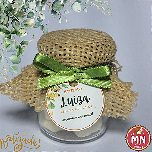 Kit com 10 potinhos de vidro com tampa rolha de 110 ml 10 balas de coco tradicionais sem recheio com arte inclusa personalizada, sendo pendurada na fita de cetim
