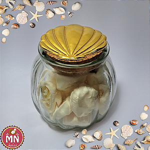 Unidade do pote de vidro com tampa de rolha sem aplique de concha do mar 15 balas tradicionais e recheadas de docinho de coco beijinho 7,3 cm x 5,7 cm x 7,9 cm