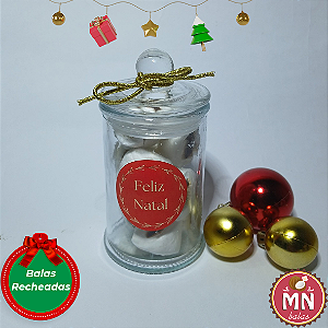 Unidade do vidro hermético 150 ml 11,5 cm x 5 cm com tampa de natal com 10 balas recheadas (escolher sabor) com tag adesivada FELIZ NATAL e fita dourada