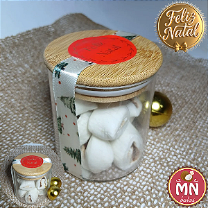 Unidade do pote de vidro com tampa de bambu de natal 200 ml com 10 balas recheadas (escolher sabor)