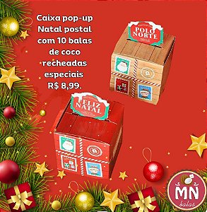 Unidade da caixa de natal postal pop up com 10 balas recheadas especiais 7 cm x 7 cm (escolher sabor)