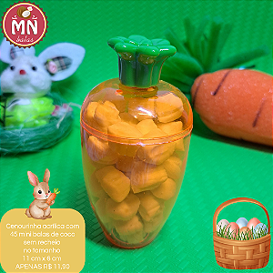Unidade da Cenourinha acrílica com 45 mini balas de coco sem recheio no tamanho 11 cm x 6 cm