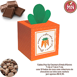 Unidade da Caixa Pop Up Cenoura Fresh Páscoa 7 cm x 7 cm x 7 cm com 10 balas de coco com cobertura de chocolate ao leite sem recheio