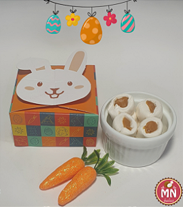 Unidade da Caixa Coelhinho laranja 8 cm x 8 cm x 4 cm com 10 balas recheadas especiais