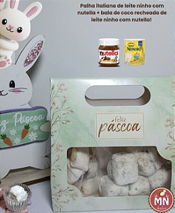 Unidade da caixa de Páscoa com Visor e Alça 13 cm x 5,5 cm x 13 cm com 6 palhas italianas de leite ninho com nutella e 6 balas de coco recheadas de leite ninho com nutella