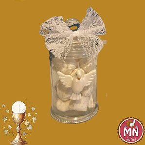 Unidade do vidro hermético 150 ml 11,5 cm x 5 cm com tampa de natal com 10 balas tradicionais sem recheio com aplique de pombinha e fita de renda