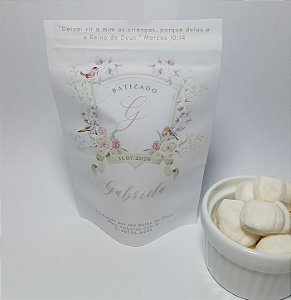Unidade do saquinho hermético ziplock personalizado batizado 10 cm x 15 cm com 6 balas de coco tradicionais e arte inclusa sem tag pendurada e sem correntinha