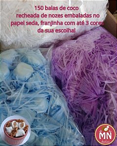 Kit com 150 balas recheadas de nozes no papel franjinha ou papel seda vintage balas de coco anos 90