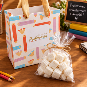 Unidade da sacolinha 16 cm x 16 cm Dia dos Professores e saquinho com 40 balas de coco fechadas com fita de juta para o Dia dos Professores (escolher sabor)