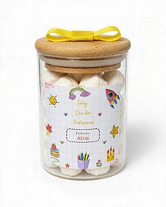 Unidade do pote de vidro hermético com tampa de bambu Dia dos Professores 2026 200 ml com 20 balas de coco no tamanho normal tradicionais sem recheio (escolha o sabor)