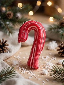 Unidade da bengalinha de natal no tamanho 6 cm x 3 cm embalada no saquinho com fita