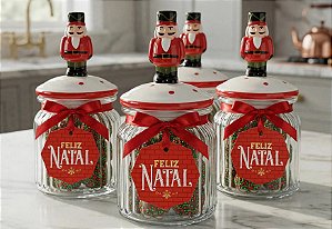 Unidade do pote de vidro luxo 300 ml Natal Quebra Nozes Coelho 15 cm x 7,5 cm com 20 balas tradicionais com cobertura de chocolate blend Sicão com miçangas natalinas sem recheio com tag pendurada